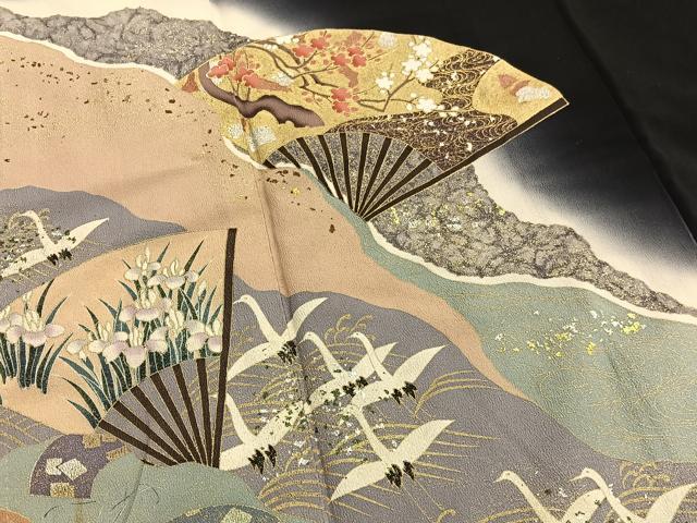 平和屋着物■豪華黒留袖 作家物 扇面飛鶴文 暈し染め 金銀彩 正絹 逸品 BAAX2057hv