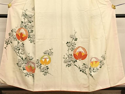 平和屋着物■訪問着　手描き　駒刺繍　光琳椿花文　金彩　正絹　逸品　BAAX2058hv