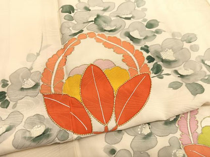 平和屋着物■訪問着　手描き　駒刺繍　光琳椿花文　金彩　正絹　逸品　BAAX2058hv