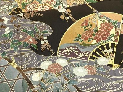 平和屋着物■豪華黒留袖　松竹梅　流水扇面花文　金彩　正絹　逸品　BAAX2139hv