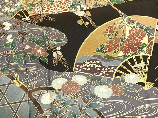 平和屋着物■豪華黒留袖　松竹梅　流水扇面花文　金彩　正絹　逸品　BAAX2139hv
