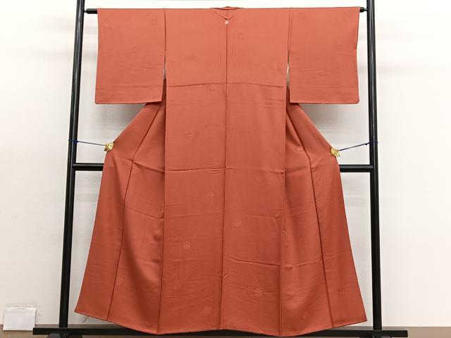 平和屋着物■上質な色無地 雪輪花地紋 赤丹色 正絹 逸品 BAAX2199hv