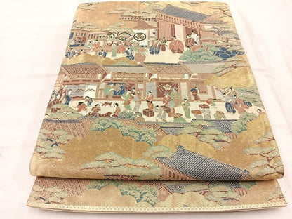 平和屋着物◎六通柄袋帯　人物風景文　金糸　正絹　逸品　BAAX2218hv