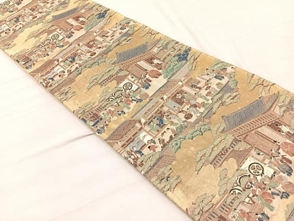 平和屋着物◎六通柄袋帯　人物風景文　金糸　正絹　逸品　BAAX2218hv