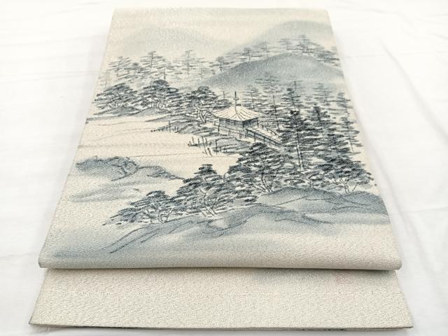 平和屋着物●藍造り国選定無形文化財 藍師・佐藤昭人作　太鼓柄袋帯 綴れ 手描き 風景文 銀糸 上代70万円 正絹 逸品 未使用　BAAX2224hv