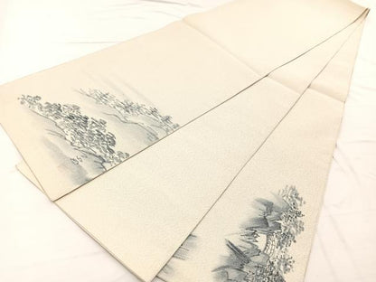 平和屋着物●藍造り国選定無形文化財 藍師・佐藤昭人作　太鼓柄袋帯 綴れ 手描き 風景文 銀糸 上代70万円 正絹 逸品 未使用　BAAX2224hv