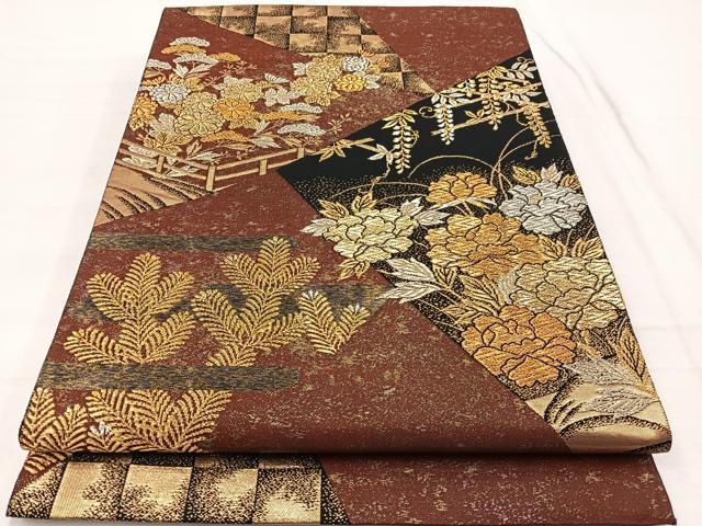 平和屋着物◎六通柄袋帯　裂取四季蒔絵　黒地　金銀糸　正絹　逸品　BAAX2235hv