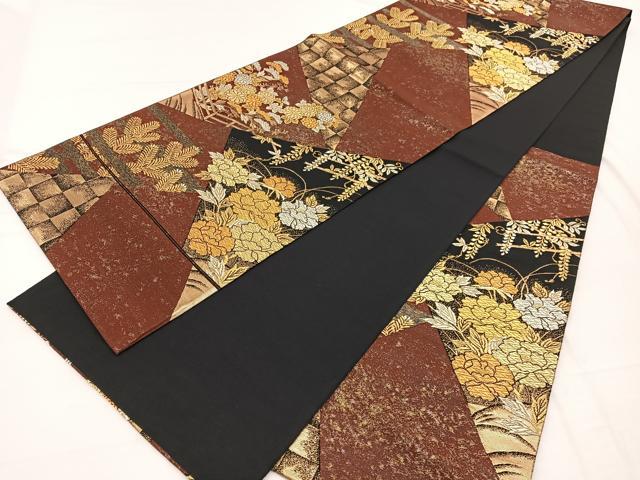 平和屋着物◎六通柄袋帯　裂取四季蒔絵　黒地　金銀糸　正絹　逸品　BAAX2235hv