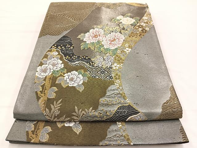 平和屋着物▼六通柄袋帯　唐織　琳派花流水文　金銀糸　引箔　正絹　逸品　BAAX2282hv