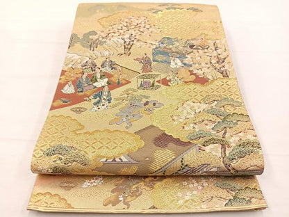 平和屋着物▼六通柄袋帯　唐織　人物風景文　金糸　正絹　逸品　BAAX2285hv