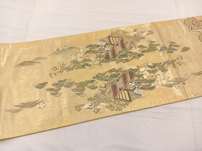 平和屋着物▼六通柄袋帯　唐織　人物風景文　金糸　正絹　逸品　BAAX2285hv