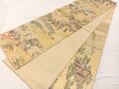 平和屋着物▼六通柄袋帯　唐織　人物風景文　金糸　正絹　逸品　BAAX2285hv