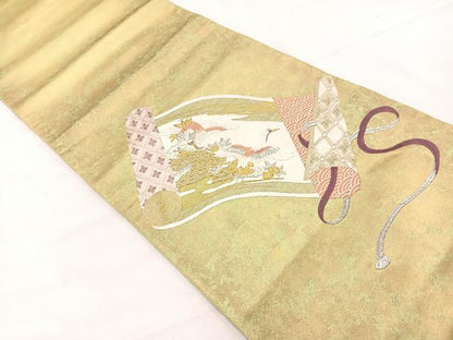 平和屋着物▼太鼓柄袋帯 総刺繍 鶴花絵巻文 金銀糸 正絹 逸品 BAAX2295hv