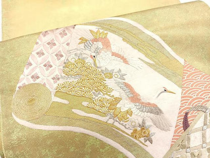 平和屋着物▼太鼓柄袋帯 総刺繍 鶴花絵巻文 金銀糸 正絹 逸品 BAAX2295hv