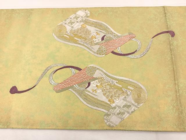 平和屋着物▼太鼓柄袋帯 総刺繍 鶴花絵巻文 金銀糸 正絹 逸品 BAAX2295hv