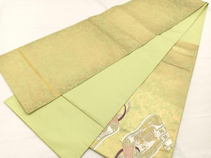 平和屋着物▼太鼓柄袋帯 総刺繍 鶴花絵巻文 金銀糸 正絹 逸品 BAAX2295hv