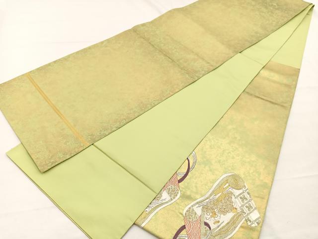 平和屋着物▼太鼓柄袋帯 総刺繍 鶴花絵巻文 金銀糸 正絹 逸品 BAAX2295hv