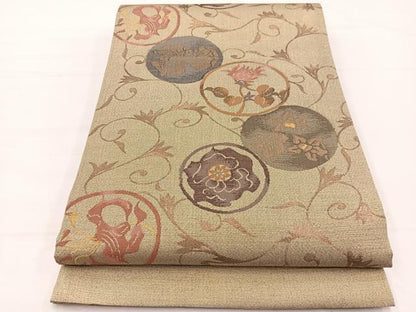 平和屋着物▼六通柄袋帯 すくい織 花唐草丸文 金糸 正絹 逸品 BAAX2302hv