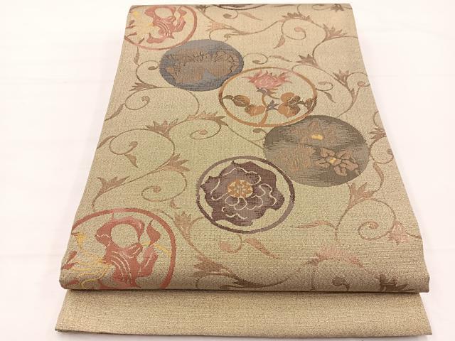 平和屋着物▼六通柄袋帯 すくい織 花唐草丸文 金糸 正絹 逸品 BAAX2302hv
