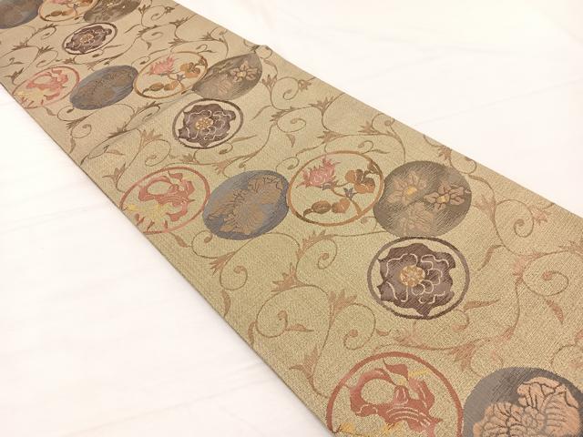 平和屋着物▼六通柄袋帯 すくい織 花唐草丸文 金糸 正絹 逸品 BAAX2302hv