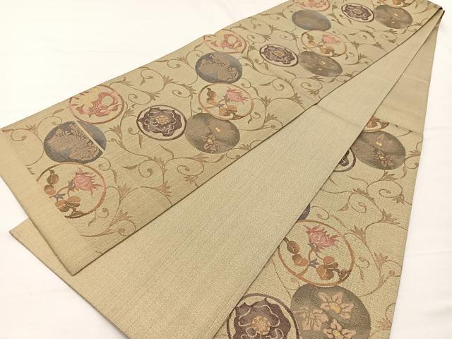 平和屋着物▼六通柄袋帯 すくい織 花唐草丸文 金糸 正絹 逸品 BAAX2302hv