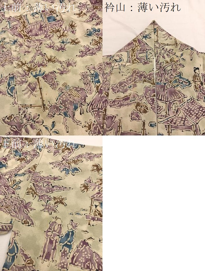 平和屋着物■上質な小紋　型染め　人物風景文　お召縮緬　正絹　逸品　BAAX2322hv