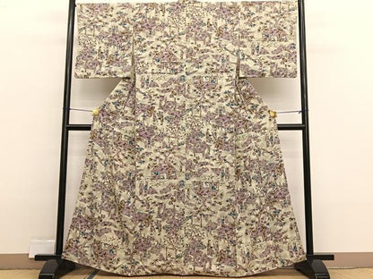 平和屋着物■上質な小紋　型染め　人物風景文　お召縮緬　正絹　逸品　BAAX2322hv