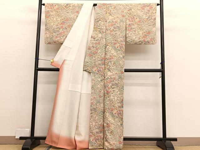 平和屋着物■上質な小紋　手描き　風景花文　金彩　鬼しぼ縮緬　正絹　逸品　BAAX2419hv
