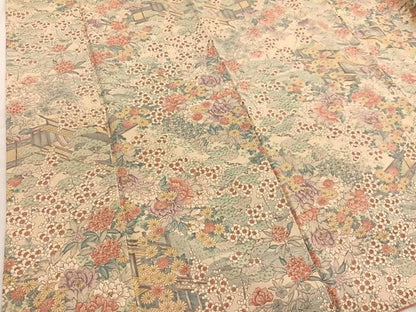 平和屋着物■上質な小紋　手描き　風景花文　金彩　鬼しぼ縮緬　正絹　逸品　BAAX2419hv