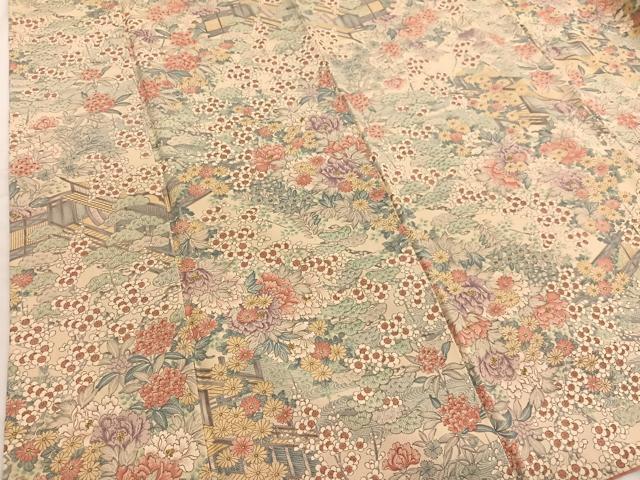 平和屋着物■上質な小紋　手描き　風景花文　金彩　鬼しぼ縮緬　正絹　逸品　BAAX2419hv
