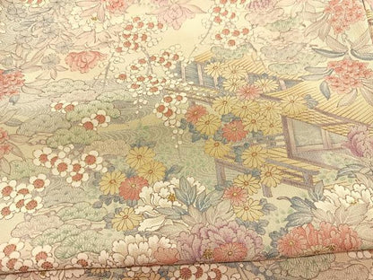 平和屋着物■上質な小紋　手描き　風景花文　金彩　鬼しぼ縮緬　正絹　逸品　BAAX2419hv