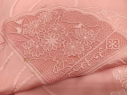 平和屋着物■中国三大刺繍　スワトウ刺繍　総刺繍　色留訪問着　扇面花文　珊瑚朱色　正絹　逸品　BAAX2504hv
