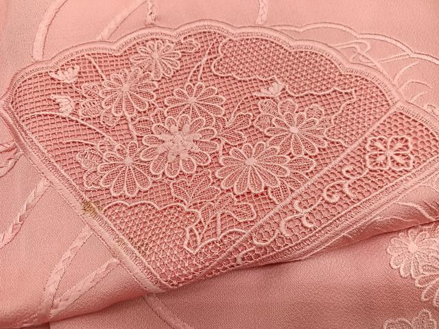平和屋着物■中国三大刺繍　スワトウ刺繍　総刺繍　色留訪問着　扇面花文　珊瑚朱色　正絹　逸品　BAAX2504hv