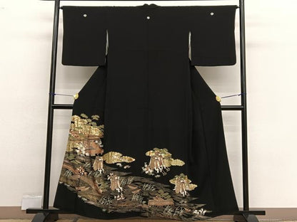 平和屋着物■豪華黒留袖　駒刺繍　浜松風景文　金彩　正絹　逸品　BAAX2538hv