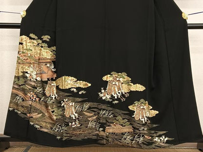平和屋着物■豪華黒留袖　駒刺繍　浜松風景文　金彩　正絹　逸品　BAAX2538hv