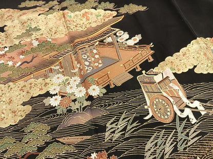 平和屋着物■豪華黒留袖　駒刺繍　浜松風景文　金彩　正絹　逸品　BAAX2538hv