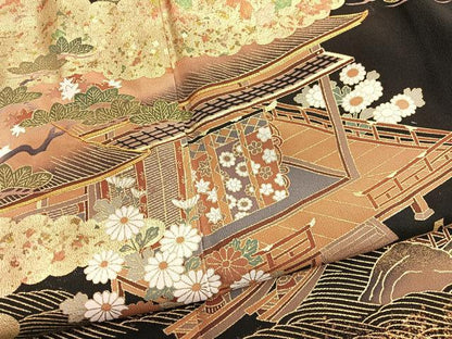 平和屋着物■豪華黒留袖　駒刺繍　浜松風景文　金彩　正絹　逸品　BAAX2538hv