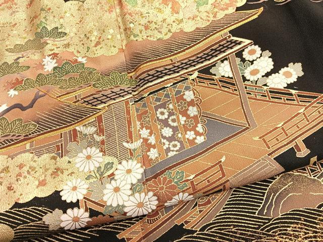 平和屋着物■豪華黒留袖　駒刺繍　浜松風景文　金彩　正絹　逸品　BAAX2538hv