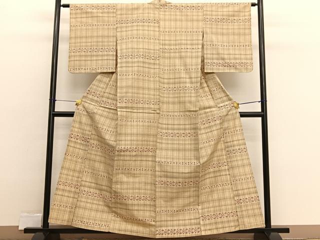 平和屋着物▽上質な紬　単衣　横段文　正絹　逸品　BAAX2549hv