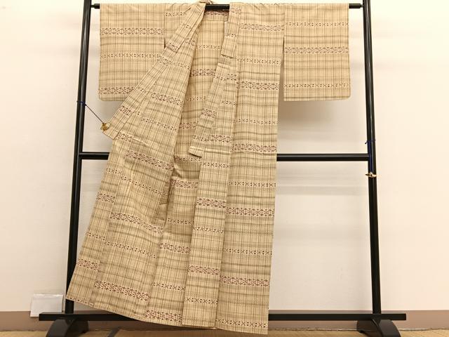 平和屋着物▽上質な紬　単衣　横段文　正絹　逸品　BAAX2549hv