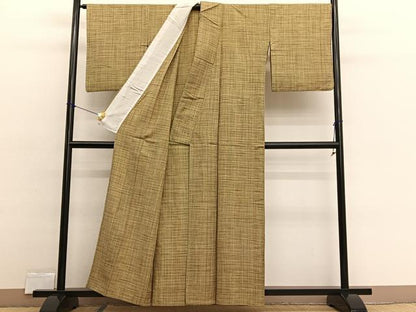 平和屋着物▽上質な紬　単衣　格子柄　正絹　逸品　BAAX2551hv