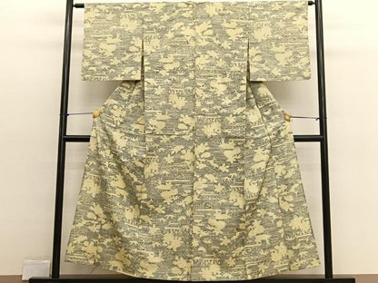 平和屋着物▽上質な紬　単衣　風景文　正絹　逸品　BAAX2555hv