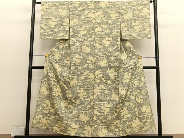 平和屋着物▽上質な紬　単衣　風景文　正絹　逸品　BAAX2555hv
