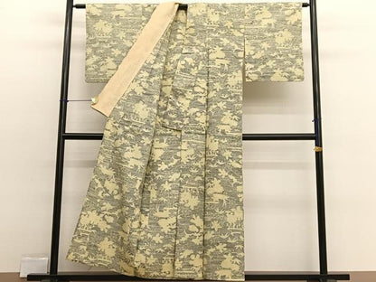 平和屋着物▽上質な紬　単衣　風景文　正絹　逸品　BAAX2555hv