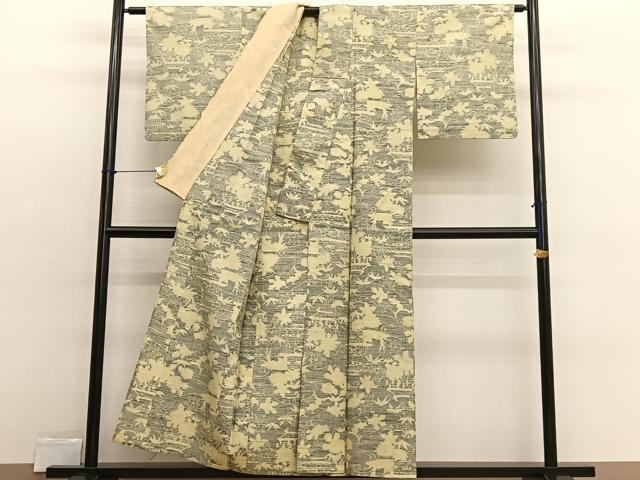平和屋着物▽上質な紬　単衣　風景文　正絹　逸品　BAAX2555hv