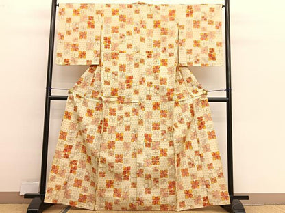 平和屋着物▽上質な紬　単衣　草花文　正絹　逸品　BAAX2556hv