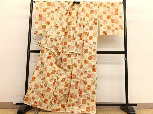 平和屋着物▽上質な紬　単衣　草花文　正絹　逸品　BAAX2556hv