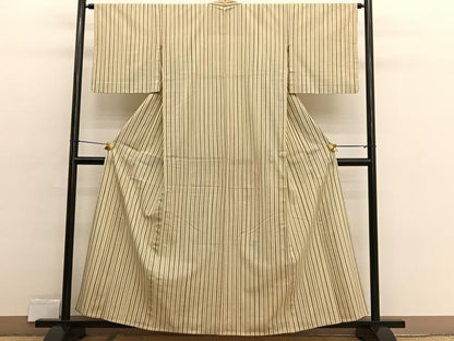 平和屋着物▽上質な紬　単衣　縞　正絹　逸品　BAAX2558hv