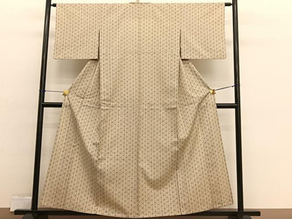 平和屋着物▽上質な小紋　単衣　紬地　麻の葉文様　正絹　逸品　BAAX2560hv