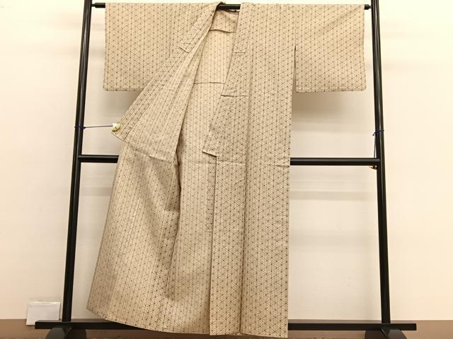 平和屋着物▽上質な小紋　単衣　紬地　麻の葉文様　正絹　逸品　BAAX2560hv